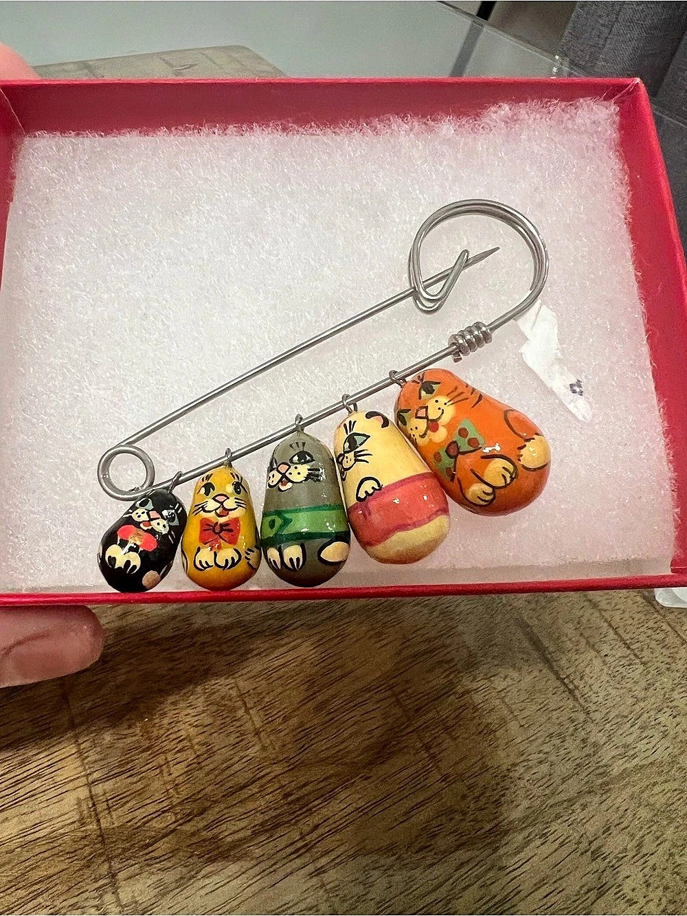 vintage hand-painted Russian matryoshka cat nesting doll safety pin brooch